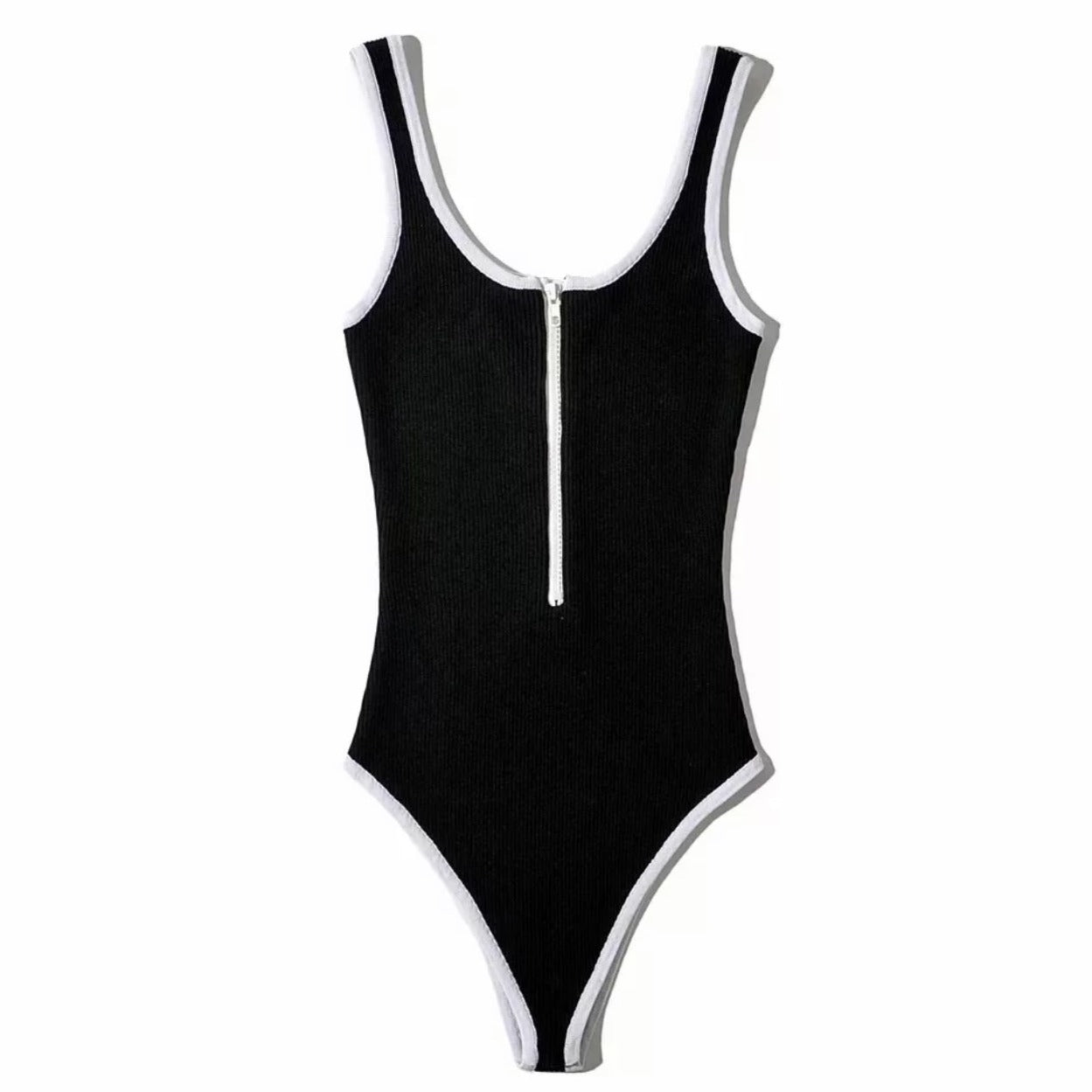 CHANEL 1998 off White Swimsuit Bodysuit CC black logo Sz.L